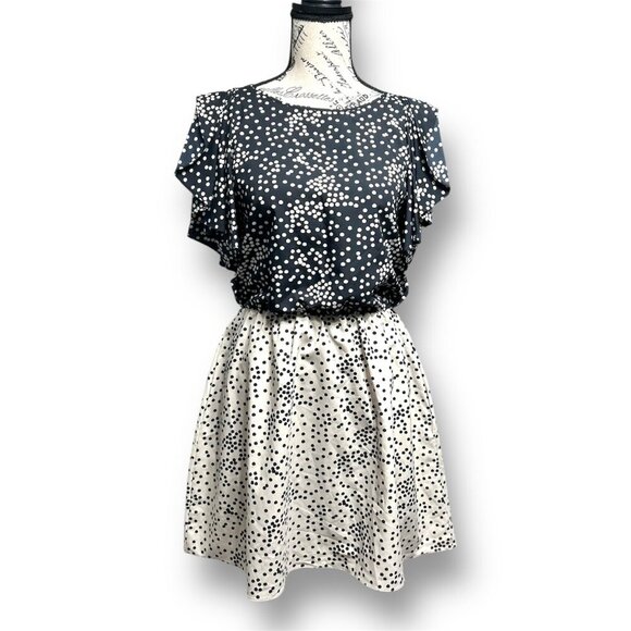 Armani Exchange S Black Beige Dress Ruffle Sleeves Polka Dot Elastic Waist Party - Picture 1 of 9